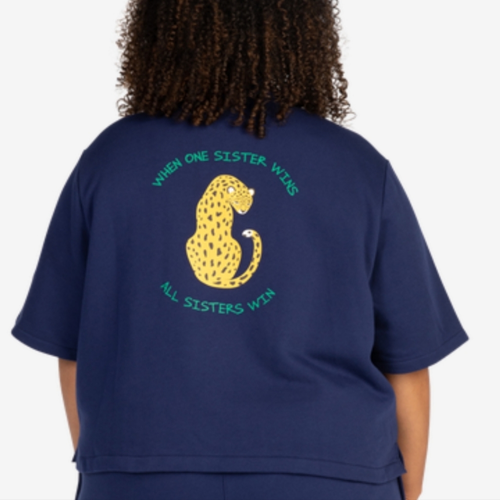 Melody Ehsani Navy Short Sleeve Button Front Top with Green Logo